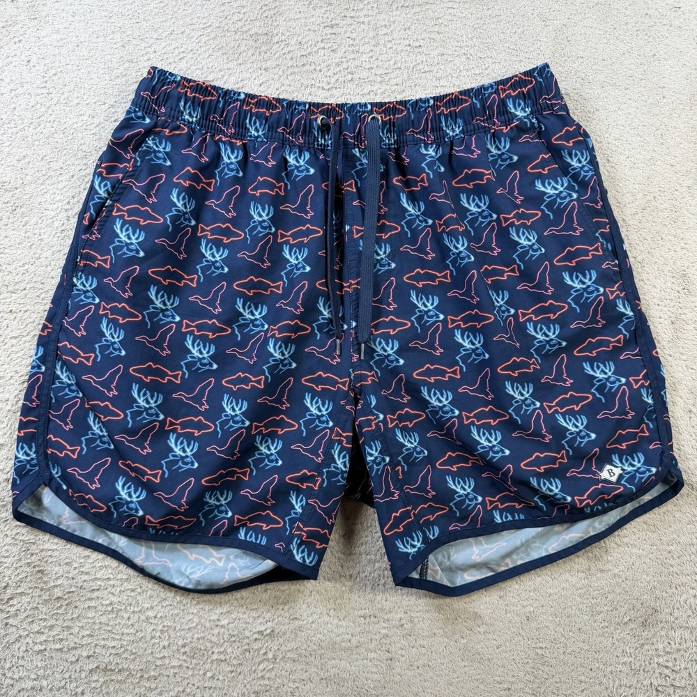 Burlebo Shorts Mens Medium Blue Hybrid Lined Active Drawstring Neon Deer Fish